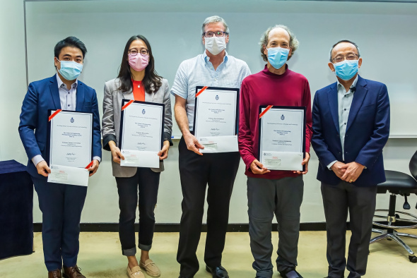 (From left) Prof. Terence Wong, Prof. Rhea Liem, Prof. Ross Murch, and Prof. Andrew Horner received the SENG Teaching Excellence Appreciation Award 2020-21 from Prof. Tim Cheng, Dean of Engineering.