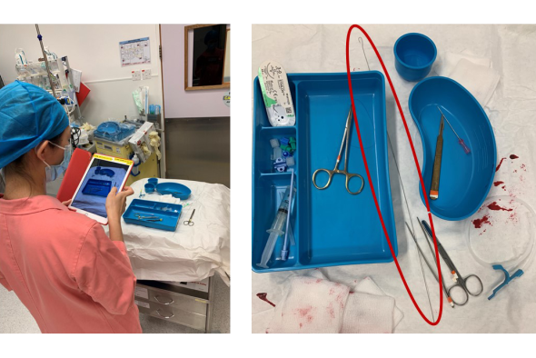 (Left) The new technology helps medical staff identify the guidewires by simply taking a photo of all the medical instruments with a smartphone or tablet. (Right) The AI image-based system then could accurately detect guidewires (as indicated by the circle) from other medical instruments using object recognition and data augmentation techniques.