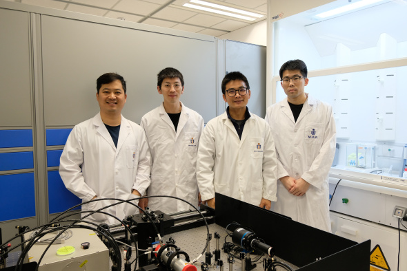 Prof. Zhou Yanguang (second right) and his PhD students Fan Hongzhao (first left), Wang Guang (second left) and Li Jiawang (first right)