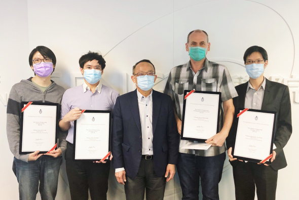 Excellence in teaching demonstrated by Prof. David Rossiter (second right), Prof. Ben Chan (second left), Prof. Henry Lam (first left) and Prof. Raymond Wong (first right). They were presented with the School’s teaching awards by Dean of Engineering Prof. Tim Cheng (center).