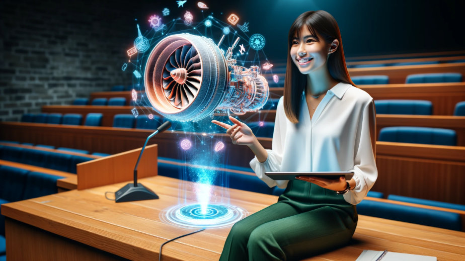 An AI-generated image portraying a learner exploring an aircraft engine with extended reality technology.