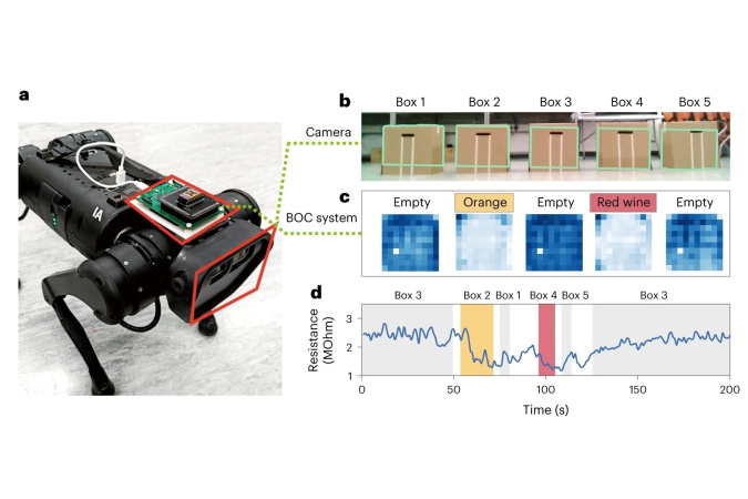(a) Configuration of Prof. Fan’s biomimetic olfactory chip (BOC) system installed on a robot dog for blind box differentiation. (b) Recognition of boxes by computer vision, that is, the camera. (c) Recognition result of the BOC system. (d) Real-time recorded resistance signal of a sensor