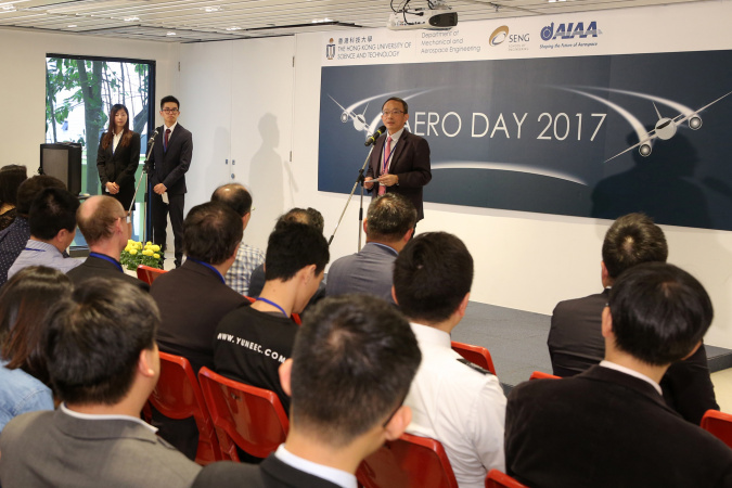 Prof Tim Kwang Ting Cheng, Dean of Engineering of HKUST, delivers remarks at the opening ceremony of HKUST Aero Day 2017. 