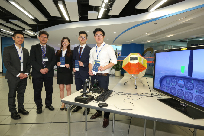Head and Chair Professor of Mechanical and Aerospace Engineering (MAE) Prof Christopher Chao (2nd from left), Assistant Professor of MAE Prof Larry Li (1st from left) and MAE students who organize HKUST Aero Day, with a modal plane which students built for an international flying competition. 